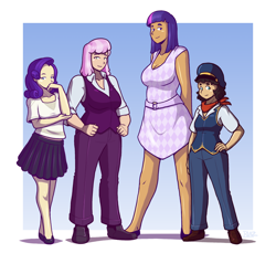 Size: 1200x1100 | Tagged: safe, artist:blazbaros, derpibooru import, cheerilee, rarity, twilight sparkle, oc, oc:sharpleigh, human, alternate hairstyle, alternate universe, amazon, au:eqcl, breasts, cleavage, commission, female, height difference, humanized, light skin, line-up, moderate dark skin, reference sheet, size difference