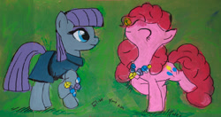 Size: 1139x600 | Tagged: safe, artist:aquilateagle, maud pie, pinkie pie, earth pony, pony, candy, clothes, cute, dress, duo, duo female, eyes closed, female, food, jewelry, mare, maudabetes, necklace, pie sisters, rock candy, rock candy necklace, siblings, sisters, smiling, traditional art, when she smiles