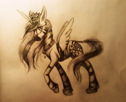 Size: 3577x2892 | Tagged: safe, artist:cahandariella, princess celestia, oc, zebra, clothes, cosplay, costume, pencil drawing, solo, traditional art