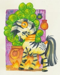 Size: 957x1199 | Tagged: safe, artist:friedavanraevels, zecora, zebra, cauldron, female, fire, raised hoof, solo