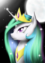 Size: 640x889 | Tagged: safe, artist:zigword, princess celestia, alicorn, pony, crown, jewelry, moon, night, regalia, solo, stars