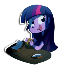 Size: 6535x7422 | Tagged: safe, artist:fj-c, derpibooru import, twilight sparkle, equestria girls, twilight time, absurd resolution, burger, cute, eating, equestria girls interpretation, food, hay burger, krystal can't enjoy her sandwich, messy, scene interpretation, solo, table, twilight burgkle, twilight slobble