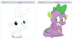 Size: 479x256 | Tagged: safe, angel bunny, spike, dragon, derpibooru, exploitable meme, juxtaposition, juxtaposition win, meme, meta