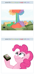 Size: 273x576 | Tagged: safe, derpibooru import, pinkie pie, earth pony, pony, atomic rainboom, derpibooru, exploitable meme, juxtaposition, juxtaposition win, meme, meta, self-destruct button