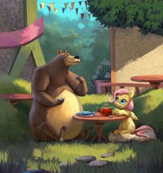 Size: 2834x3000 | Tagged: safe, artist:jotun22, fluttershy, harry, bear, fish, pegasus, pony, cute, duo, female, food, grass, mare, shyabetes, sitting, smiling, table, tea