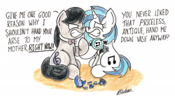 Size: 2325x1306 | Tagged: safe, artist:bobthedalek, dj pon-3, octavia melody, vinyl scratch, earth pony, pony, unicorn, angry, broken, duo, headphones, traditional art, vase