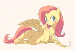 Size: 1800x1200 | Tagged: safe, artist:yanamosuda, fluttershy, pegasus, pony, blushing, cute, female, mare, on side, shyabetes, simple background, solo