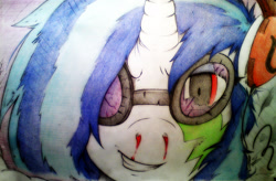 Size: 2844x1863 | Tagged: safe, artist:tamikimaru, dj pon-3, vinyl scratch, pony, unicorn, 2013, aladdin sane, bassdrop, blood, broken glasses, grin, headphones, nosebleed, smoke, song reference, traditional art, ziggy stardust