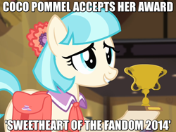 Size: 800x600 | Tagged: safe, edit, edited screencap, screencap, coco pommel, rarity takes manehattan, caption, fandom, image macro, meta, solo, text, trophy