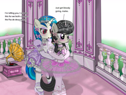 Size: 3000x2250 | Tagged: safe, artist:avchonline, dj pon-3, octavia melody, vinyl scratch, earth pony, pony, balcony, ballerina, ballerinas, ballet, broken english, canterlot royal ballet academy, clothes, dress, engrish, grammar error, hello kitty, jewelry, pas de deux, phonograph, sanrio, slippers, tiara, tutu, tutus, wrong eye color