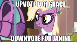 Size: 852x468 | Tagged: safe, grace manewitz, rarity takes manehattan, image macro, meme, meta, op is a cuck, op is trying to start shit, poll, solo, vote