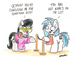 Size: 1819x1423 | Tagged: safe, artist:bobthedalek, dj pon-3, octavia melody, vinyl scratch, earth pony, pony, unicorn, clipboard, clothes, disguise, ear plugs, headphones, hoodie, seems legit, traditional art