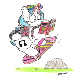 Size: 1583x1575 | Tagged: safe, artist:bobthedalek, dj pon-3, vinyl scratch, pony, unicorn, back to the future, back to the future part 2, book, cap, clothes, hat, hoverboard, jacket, solo, sports almanac, traditional art