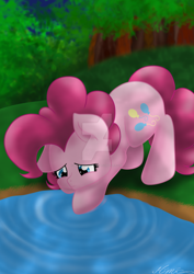 Size: 1024x1448 | Tagged: safe, artist:mimicproductions, pinkie pie, earth pony, pony, forest, lake, sad, shadow, solo, watermark