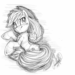 Size: 2000x2000 | Tagged: safe, artist:jadedjynx, applejack, earth pony, pony, cowboy hat, hat, looking at you, looking back, monochrome, solo