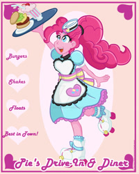 Size: 1024x1280 | Tagged: safe, artist:yoshimarsart, pinkie pie, coinky-dink world, eqg summertime shorts, equestria girls, burger, clothes, dress, food, hamburger, milkshake, roller skates, server pinkie pie, solo