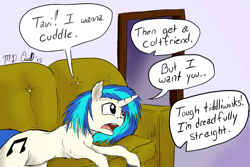 Size: 1024x683 | Tagged: safe, artist:m_d_quill, dj pon-3, vinyl scratch, pony, unicorn, colored hooves, denied, dialogue, female, fluffy, friendzone, implied octavia, mare, offscreen character, one-sided, one-sided love, open mouth, shipping denied, solo, speech bubble, unrequited