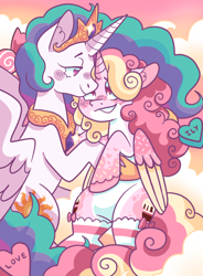 Size: 1088x1477 | Tagged: safe, artist:trinoids, princess celestia, oc, alicorn, pony, alicorn oc, blushing, candy, canon x oc, clothes, cloud, coat markings, commission, cuddling, cutie mark, female, floppy ears, food, heart eyes, jewelry, lesbian, mare, regalia, socks, wingding eyes