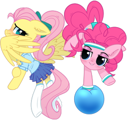 Size: 1824x1712 | Tagged: safe, artist:starrcoma, fluttershy, pinkie pie, earth pony, pegasus, pony, blushing, cheerleader, female, flutterpie, lesbian, looking back, shipping, simple background, smiling, transparent background