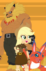 Size: 2109x3256 | Tagged: safe, artist:pyrus-leonidas, applejack, anthro, big cat, lion, equestria girls, belt, clothes, crossover, digidestined, digimon, ear piercing, earring, elecmon, female, jewelry, leomon, male, orange background, pants, piercing, simple background