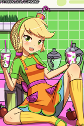 Size: 750x1125 | Tagged: safe, artist:lumineko, applejack, eqg summertime shorts, equestria girls, shake things up!, apple, apron, clothes, cup, cute, female, food, freckles, jackabetes, looking at you, milkshake, open mouth, smiling, smoothie, solo, work clothes