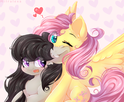 Size: 1400x1150 | Tagged: safe, artist:mitralexa, fluttershy, octavia melody, earth pony, pegasus, pony, biting, crack shipping, cute, cute little fangs, ear bite, fangs, female, floating heart, fluttertavia, heart, lesbian, mare, shipping, shyabetes, tavibetes