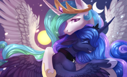 Size: 3300x2000 | Tagged: safe, artist:magicbalance, princess celestia, princess luna, alicorn, pony, chest fluff, crescent moon, cute, day and night, duo, ear fluff, eyes closed, female, high res, hug, leg fluff, mare, moon, neck nuzzle, royal sisters, siblings, sisterly love, sisters, smiling, spread wings, sun, wings