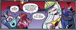 Size: 2440x973 | Tagged: safe, artist:andypriceart, idw, princess celestia, princess luna, scarlet petal, tiberius, winter comet, alicorn, opossum, pony, spoiler:comic, spoiler:comic65, brother and sister, clothes, colt, cropped, female, filly, foal, hoof shoes, irritated, looking at you, luna is not amused, male, mare, royal sisters, siblings, speech bubble, unamused