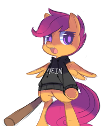 Size: 519x623 | Tagged: safe, artist:astrofiziks, scootaloo, pony, baseball bat, bipedal, clothes, german, hoodie, looking at you, nein, open mouth, simple background, solo, weapon, white background, wip