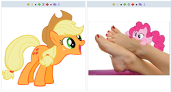 Size: 512x276 | Tagged: artist needed, safe, applejack, pinkie pie, earth pony, pony, derpibooru, exploitable meme, feet, foot fetish, foot focus, juxtaposition, juxtaposition win, licking, meme, meta, nail polish, simple background, solo, vector, white background