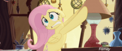 Size: 640x267 | Tagged: safe, edit, edited screencap, editor:binkyt11, screencap, fluttershy, pegasus, pony, my little pony: the movie, animated, cute, discovery family logo, gif, hiding, lamp, lampshade, no spoilers, reaction image, scared, shaking, shyabetes, solo