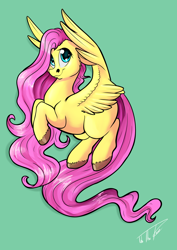 Size: 1280x1811 | Tagged: safe, artist:tabertheraver, fluttershy, pegasus, pony, female, flying, green background, hair over one eye, looking at you, mare, missing cutie mark, simple background, smiling, solo, spread wings, wings
