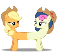 Size: 940x850 | Tagged: safe, applejack, bon bon, sweetie drops, earth pony, pony, applebon, bedroom eyes, conjoined, cowboy hat, female, fusion, hat, lesbian, lidded eyes, looking at each other, love, lyra who?, multiple heads, pushmi-pullyu, shipping, simple background, smiling, together forever, two heads, white background
