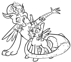 Size: 1280x1118 | Tagged: safe, artist:nobody, derpibooru import, pinkie pie, twilight sparkle, twilight sparkle (alicorn), alicorn, draconequus, pony, black and white, draconequified, duo, female, grayscale, lineart, mare, mlpgdraws, monochrome, pinkonequus, species swap, this will end in fun, this will end in parties, xk-class end-of-the-world scenario