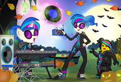 Size: 1200x812 | Tagged: safe, artist:pixelkitties, dj pon-3, vinyl scratch, bat, equestria girls, alternate hairstyle, apple bobbing, clothes, crossover, full moon, hoodie, human ponidox, jack-o-lantern, lego, levitation, magic, nightmare night, open mouth, pumpkin, record, shoes, spider web, sunglasses, the lego movie, turntable, wyldstyle