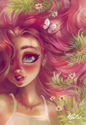 Size: 1907x2755 | Tagged: safe, artist:holivi, fluttershy, butterfly, human, bust, clothes, female, flower, grass, hair over one eye, humanized, portrait, signature, smiling, solo