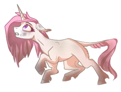 Size: 3024x2299 | Tagged: safe, artist:finchina, princess celestia, pony, unicorn, alternate universe, blank flank, dirty, ear fluff, female, floppy ears, leonine tail, looking up, mare, messy mane, pink-mane celestia, race swap, raised hoof, simple background, solo, transparent background, unicorn celestia, unshorn fetlocks, young celestia, younger