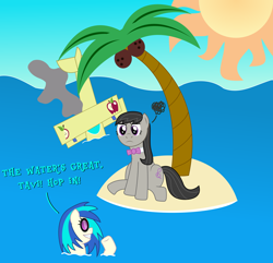 Size: 6250x6031 | Tagged: safe, artist:sketchmcreations, dj pon-3, octavia melody, vinyl scratch, earth pony, pony, unicorn, absurd resolution, annoyed, biplane, bowtie, castaway, coconut, coconut tree, comic, crash, cutie mark, female, food, hooves, horn, inkscape, island, mare, ocean, palm tree, plane, sitting, smiling, stuck, sun, sunglasses, swimming, tree, vector, water
