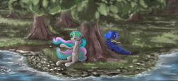 Size: 3314x1523 | Tagged: safe, artist:vladimir-olegovych, princess celestia, princess luna, alicorn, pony, book, duo, female, mare, reading, river, rock, royal sisters, sitting, tree