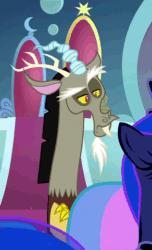 Size: 292x480 | Tagged: safe, screencap, discord, princess celestia, princess luna, alicorn, draconequus, pony, the beginning of the end, animated, blinking, cropped, crossed arms, ethereal mane, female, gif, male, mare, offscreen character, shocked, surprised, throne, throne room