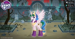 Size: 960x504 | Tagged: safe, idw, princess celestia, alicorn, pony, reflections, spoiler:comic, angry, crown, evil celestia, facebook, female, gameloft, gate, idw showified, jewelry, looking at you, mare, my little pony logo, regalia, solo, thorns, tree