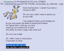 Size: 471x372 | Tagged: safe, zecora, zebra, /mlp/, 4chan, anon in equestria, greentext, meta, rejection, rejection is magic, rhyme, sad, text