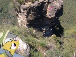 Size: 1024x765 | Tagged: safe, artist:didgereethebrony, daring do, pinkie pie, australia, blue mountains, didgeree collection, in which pinkie pie forgets how to gravity, irl, katoomba, mlp in australia, photo, pinkie being pinkie, pinkie physics, ponies in real life, three sisters