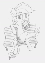 Size: 1041x1462 | Tagged: safe, artist:spackle, applejack, earth pony, pony, bench, cider, crossed legs, drinking, female, looking at you, mare, missing accessory, monochrome, simple background, sitting, solo, traditional art, underhoof