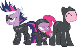 Size: 5729x3490 | Tagged: safe, artist:joemasterpencil, derpibooru import, pinkie pie, spike, twilight sparkle, unicorn twilight, dragon, earth pony, pony, unicorn, it's about time, bandage, catsuit, eyepatch, eyes closed, female, food, happy, ice cream, ice cream cone, male, mare, scar, simple background, transparent background, trio, vector