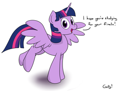 Size: 1615x1219 | Tagged: safe, artist:rapidstrike, derpibooru import, twilight sparkle, twilight sparkle (alicorn), alicorn, pony, leaning, looking at you, open mouth, public service announcement, simple background, smiling, solo, spread wings, studying, white background