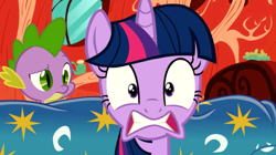 Size: 1066x599 | Tagged: safe, artist:blackgryph0n, derpibooru import, screencap, spike, twilight sparkle, dragon, bed, caught, embarrassed, frown, gritted teeth, out of context, startled, video, wide eyes, youtube link