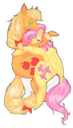 Size: 520x900 | Tagged: safe, artist:coldfangs, applejack, fluttershy, earth pony, pegasus, pony, appleshy, eyes closed, female, freckles, hug, lesbian, mare, shipping, sleeping