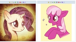 Size: 1024x572 | Tagged: safe, derpibooru import, cheerilee, rarity, pony, unicorn, derpibooru, exploitable meme, juxtaposition, juxtaposition win, meme, meta