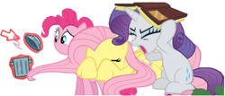Size: 500x214 | Tagged: safe, edit, fluttershy, pinkie pie, rarity, earth pony, pegasus, pony, unicorn, dragonshy, look before you sleep, magic duel, amputation, book, covering ears, covering eyes, cursor, simple background, transparent background, trash can, trio